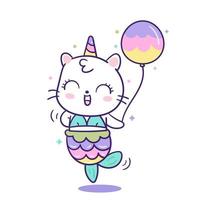 Kawaii Cat sirène licorne en dessin animé mignon animal poney vecteur