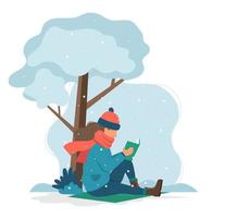 Fille lisant un livre en hiver dans un style plat vecteur