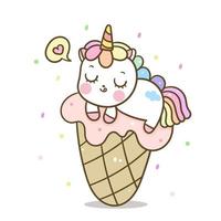 Licorne, sommeil mignon sur un dessin animé de glace, animal Kawaii vecteur