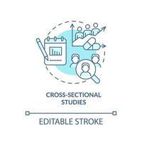 icône de concept turquoise d'études transversales. illustration de ligne mince d'idée abstraite de type essais cliniques. dessin de contour isolé. trait modifiable. arial, myriade de polices pro-gras utilisées vecteur