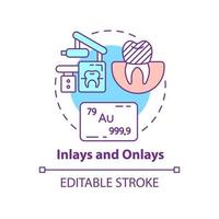 icône de concept d'incrustations et d'onlays. illustration de fine ligne d'idée abstraite de type de dentisterie esthétique. restauration indirecte des dents. dessin de contour isolé. trait modifiable. arial, myriade de polices pro-gras utilisées vecteur