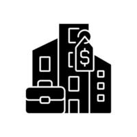 propriété d'entreprise vendant l'icône de glyphe noir. vente et achat de biens immobiliers commerciaux. commerce de bureau d'entreprise. symbole de la silhouette sur l'espace blanc. pictogramme solide. illustration vectorielle isolée vecteur