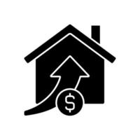 icône de glyphe noir en hausse des prix de l'immobilier. immobilier. vente de propriété. acheter une maison à un prix plus élevé. symbole de la silhouette sur l'espace blanc. pictogramme solide. illustration vectorielle isolée