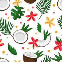 moitié de noix de coco modèle sans couture avec des feuilles et des fleurs vertes tropicales illustration vectorielle isolée sur fond blanc vecteur