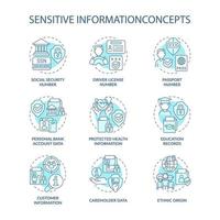 ensemble d'icônes de concept turquoise d'informations sensibles. idée de sécurité des données personnelles et d'entreprise illustrations couleur en ligne mince. dessins de contour isolés. roboto-medium, une myriade de polices pro-gras utilisées vecteur