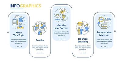 surmonter la peur du modèle infographique de rectangle de prise de parole en public. visualisation des données en 5 étapes. graphique d'informations sur la chronologie du processus. mise en page du flux de travail avec des icônes de ligne. lato-gras, polices régulières utilisées vecteur