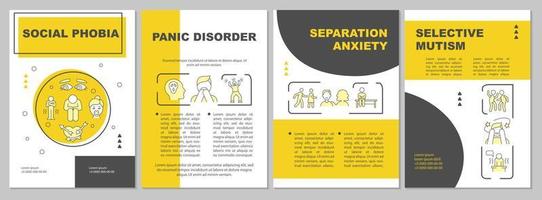 types de modèle de brochure jaune d'anxiété. maladie mentale. conception d'impression de livret avec des icônes linéaires. mises en page vectorielles pour la présentation, les rapports annuels, les publicités. arial, une myriade de polices pro-régulières utilisées vecteur