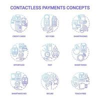 jeu d'icônes de concept de gradient bleu de paiements sans contact. service intelligent. idée de système sans contact illustrations en couleur de ligne mince. dessins de contour isolés. roboto-medium, une myriade de polices pro-gras utilisées vecteur