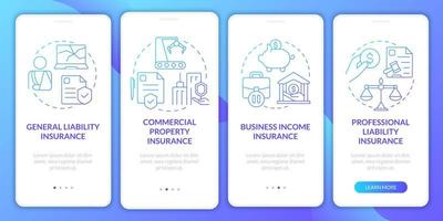 écran d'application mobile d'intégration de dégradé bleu de types d'assurance. politique pas à pas 4 étapes pages d'instructions graphiques avec des concepts linéaires. ui, ux, modèle d'interface graphique. une myriade de polices pro-gras régulières utilisées vecteur