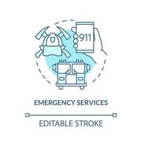 icône de concept turquoise des services d'urgence. illustration de la ligne mince de l'idée abstraite de l'aide aux catastrophes naturelles. dessin de contour isolé. trait modifiable. roboto-medium, une myriade de polices pro-gras utilisées vecteur