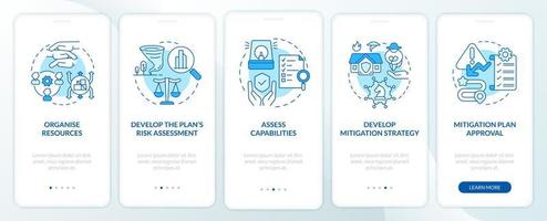 étapes d'atténuation des risques écran bleu de l'application mobile d'intégration. réduire la menace des pages d'instructions graphiques en 5 étapes avec des concepts linéaires. ui, ux, modèle d'interface graphique. myriade de polices pro-gras régulières utilisées vecteur