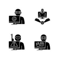 icônes de glyphe noir de cyber-attaquant définies sur un espace blanc. cyber-terrorisme. piège cybercriminel. perturbation informatique. fraude et coercition sur internet. symboles de silhouettes. illustration vectorielle isolée vecteur