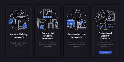 écran d'application mobile d'intégration de thème de nuit de types d'assurance. couverture pas à pas 4 étapes pages d'instructions graphiques avec des concepts linéaires. ui, ux, modèle d'interface graphique. une myriade de polices pro-gras régulières utilisées vecteur