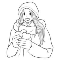 une femme avec amour dans sa main, tenue d'hiver, illustration vectorielle de ligne vecteur