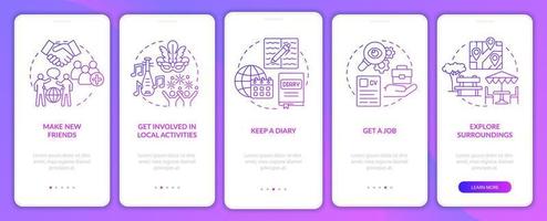 s'adapter à la vie à l'étranger écran de la page de l'application mobile d'intégration dégradé violet. instructions graphiques en 5 étapes avec concepts. modèle vectoriel ui, ux, gui avec illustrations couleur linéaires