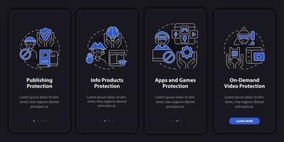 écran de la page de l'application mobile d'intégration de la protection des œuvres d'origine. publication d'instructions graphiques en 4 étapes avec concepts. modèle vectoriel ui, ux, gui avec illustrations linéaires en mode nuit