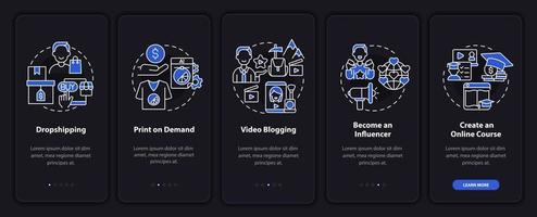 générer de l'argent en ligne sur l'écran de la page de l'application mobile d'intégration. vidéo blogging pas à pas 5 étapes instructions graphiques avec concepts. modèle vectoriel ui, ux, gui avec illustrations linéaires en mode nuit