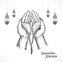 Main dessiner croquis homme musulman mains priant tenant le chapelet ramadan kareem conception de cartes vecteur