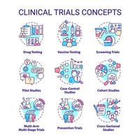 ensemble d'icônes de concept d'essais cliniques. étude de santé. idée de recherche médicale scientifique illustrations en couleur de ligne mince. symboles isolés. trait modifiable. roboto-medium, myriade de polices pro-gras utilisées vecteur