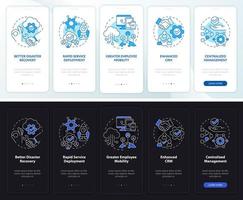 ucaas profite de l'écran de l'application mobile d'intégration en mode nuit et jour. tech walkthrough 5 étapes pages d'instructions graphiques avec des concepts linéaires. ui, ux, modèle d'interface graphique. myriade de polices pro-gras régulières utilisées vecteur