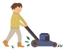 illustration vectorielle d'un garçon coupant l'herbe avec une tondeuse à gazon isolée sur fond blanc. enfant mignon faisant des travaux de jardinage. image d'activité de jardinage de printemps avec un personnage amusant.