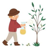 illustration vectorielle d'un garçon pulvérisant l'arbre pour les chenilles isolées sur fond blanc. enfant mignon faisant des travaux de jardinage. image d'activité de jardinage de printemps avec un personnage amusant. vecteur