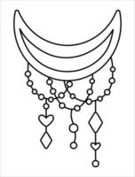 vecteur croissant boho noir et blanc avec pendentifs. icône de ligne demi-lune horizontale bohème isolée sur fond blanc. illustration de contour céleste avec des étoiles.