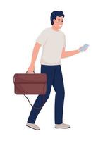 homme souriant avec sac à main en cuir et personnage de vecteur de couleur semi-plat pour smartphone