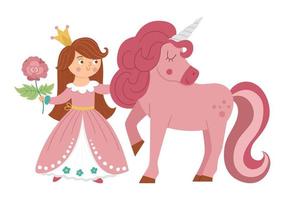 princesse de vecteur de conte de fées avec licorne et rose. fille fantastique en couronne isolée sur fond blanc. femme de chambre médiévale de conte de fées en robe rose. icône magique de dessin animé de fille avec un personnage mignon.