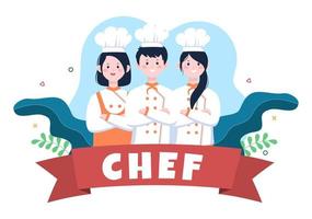 illustration de cuisine de personnage de dessin animé de chef professionnel avec différents plateaux et aliments pour servir de délicieux plats adaptés à l'affiche ou à l'arrière-plan vecteur