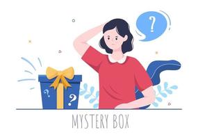 boîte-cadeau mystère et femme confuse une boîte en carton ouverte à l'intérieur avec un point d'interrogation, un cadeau porte-bonheur ou une autre surprise en illustration de style dessin animé plat vecteur