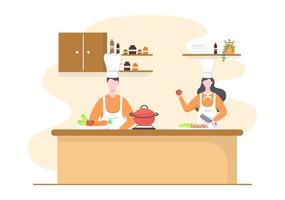 illustration de cuisine de personnage de dessin animé de chef professionnel avec différents plateaux et aliments pour servir de délicieux plats préparés dans la cuisine adaptés à l'affiche vecteur