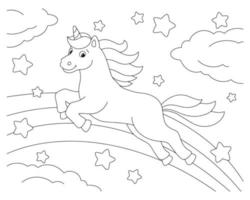 la licorne saute le long de l'arc-en-ciel. page de livre de coloriage pour les enfants. personnage de style dessin animé. illustration vectorielle isolée sur fond blanc. vecteur