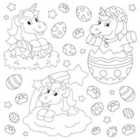 jolies licornes de Pâques. page de livre de coloriage pour les enfants. personnage de style dessin animé. illustration vectorielle isolée sur fond blanc. vecteur