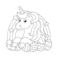 licorne félicite pour les vacances de pâques. page de livre de coloriage pour les enfants. personnage de style dessin animé. illustration vectorielle isolée sur fond blanc. vecteur