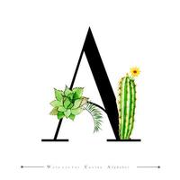 Lettre alphabet A avec cactus à l&#39;aquarelle et feuilles vecteur