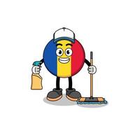 mascotte de personnage du drapeau de la roumanie en tant que service de nettoyage vecteur