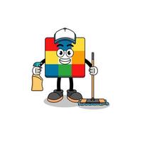 mascotte de personnage de puzzle cube en tant que service de nettoyage vecteur