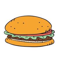 burger de restauration rapide avec escalope, pmidor et salade. illustration vectorielle dans un style doodle. vecteur