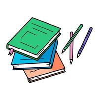 une pile de livres et de crayons. dessin de papeterie sur la table dans un style doodle. vecteur