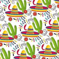 chapeau mexicain avec des plantes de cactus et fond de piments vecteur
