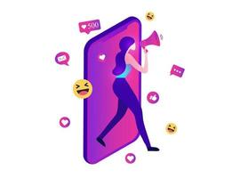 femme criant dans le haut-parleur avec des icônes de médias sociaux. influenceur marketing des médias sociaux, blogueur, vlogging, influenceur social et influenceur marketing concept illustration vectorielle vecteur