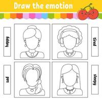 dessiner l'émotion. feuille de travail complète le visage. livre de coloriage pour les enfants. caractère joyeux. illustration vectorielle. silhouette de contour noir. isolé sur fond blanc. vecteur