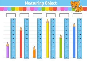 mesurer la longueur en centimètre avec une règle. feuille de travail de développement de l'éducation. jeu pour les enfants. page d'activité en couleur. casse-tête pour les enfants. personnage mignon. illustration vectorielle. style bande dessinée. vecteur