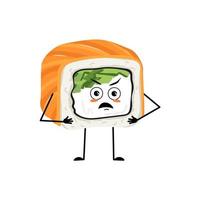 personnage de sushi avec des émotions en colère, un visage grincheux, des yeux furieux, des bras et des jambes. personne à l'expression irritée, émoticône de cuisine asiatique. illustration vectorielle plate vecteur