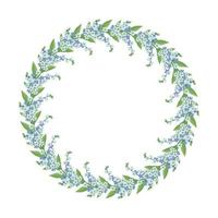 couronne ronde de petites fleurs bleu myosotis. cadre avec composition de floraison printanière avec bourgeons et feuilles. décoration festive pour mariage, vacances, carte postale et design. illustration vectorielle plate vecteur