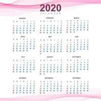 Modèle de calendrier Clean 2020 beau vecteur de conception de vague