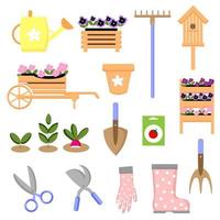 ensemble d'outils et de produits de jardin pour les agriculteurs, arrosoir, fleurs de pelle à râteau, équipement de magasin de jardin, icônes de jardin, illustrations vectorielles isolées