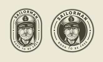 vieux marin avec moustache et chapeau. gravure insigne de logo rétro classique vintage vecteur