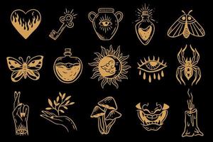 ensemble collection magique élément céleste sombre houx doodle ésotérique spirituel occultisme vintage boho ligne dessiné à la main